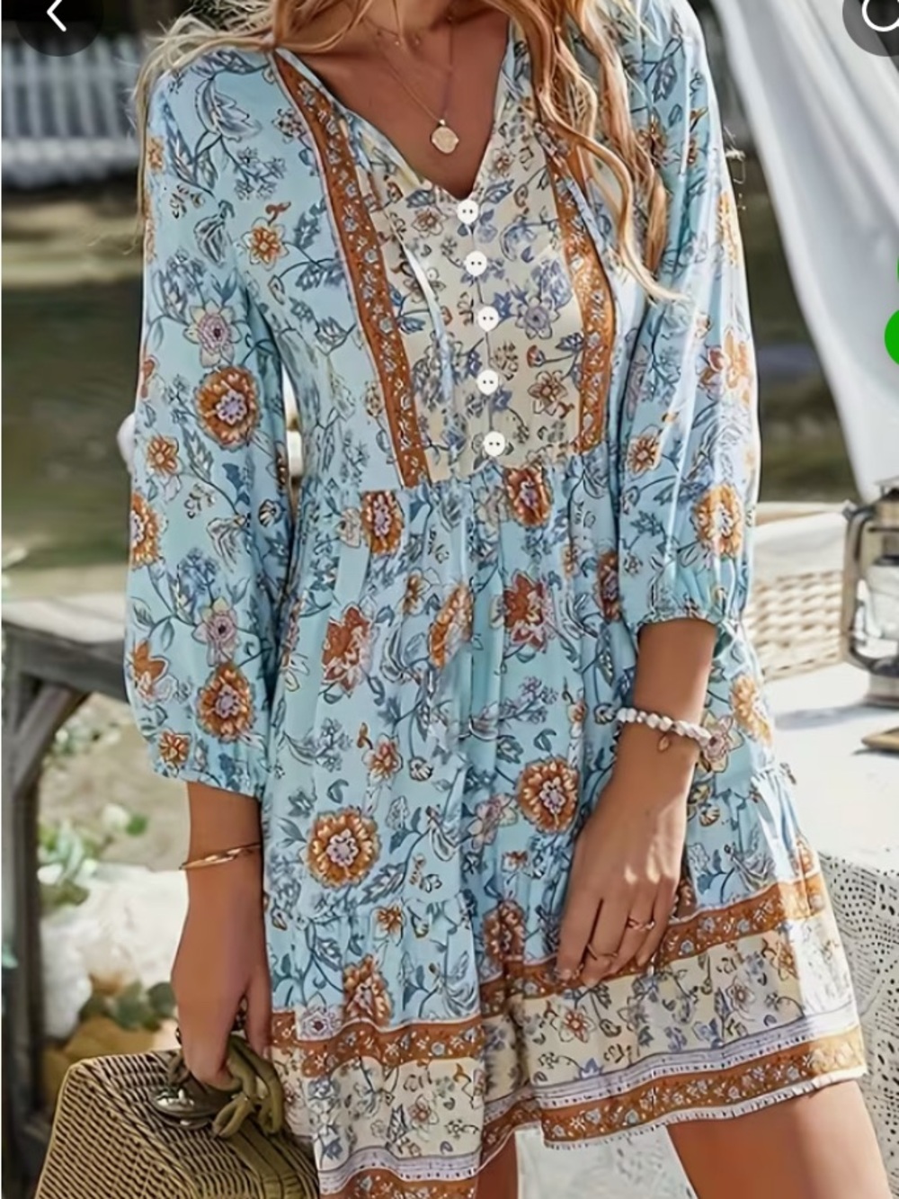 Boho Floral Tiered V-Neck Dress in Light Blue and Coral (set of 2)